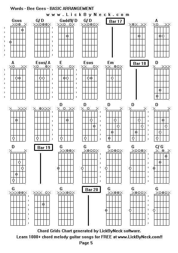 Chord Grids Chart of chord melody fingerstyle guitar song-Words - Bee Gees - BASIC ARRANGEMENT,generated by LickByNeck software.